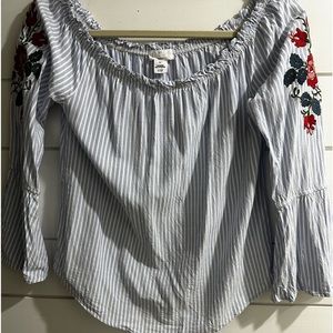 Ivy Main Blue White Stripe Womens Blouse Embroidered Size M 3/4 Bell Sleeves